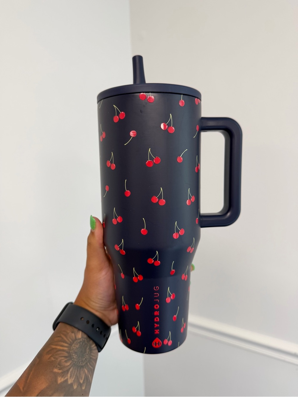HydroJug Navy Cherry Pattern Travel Tumbler with Handle